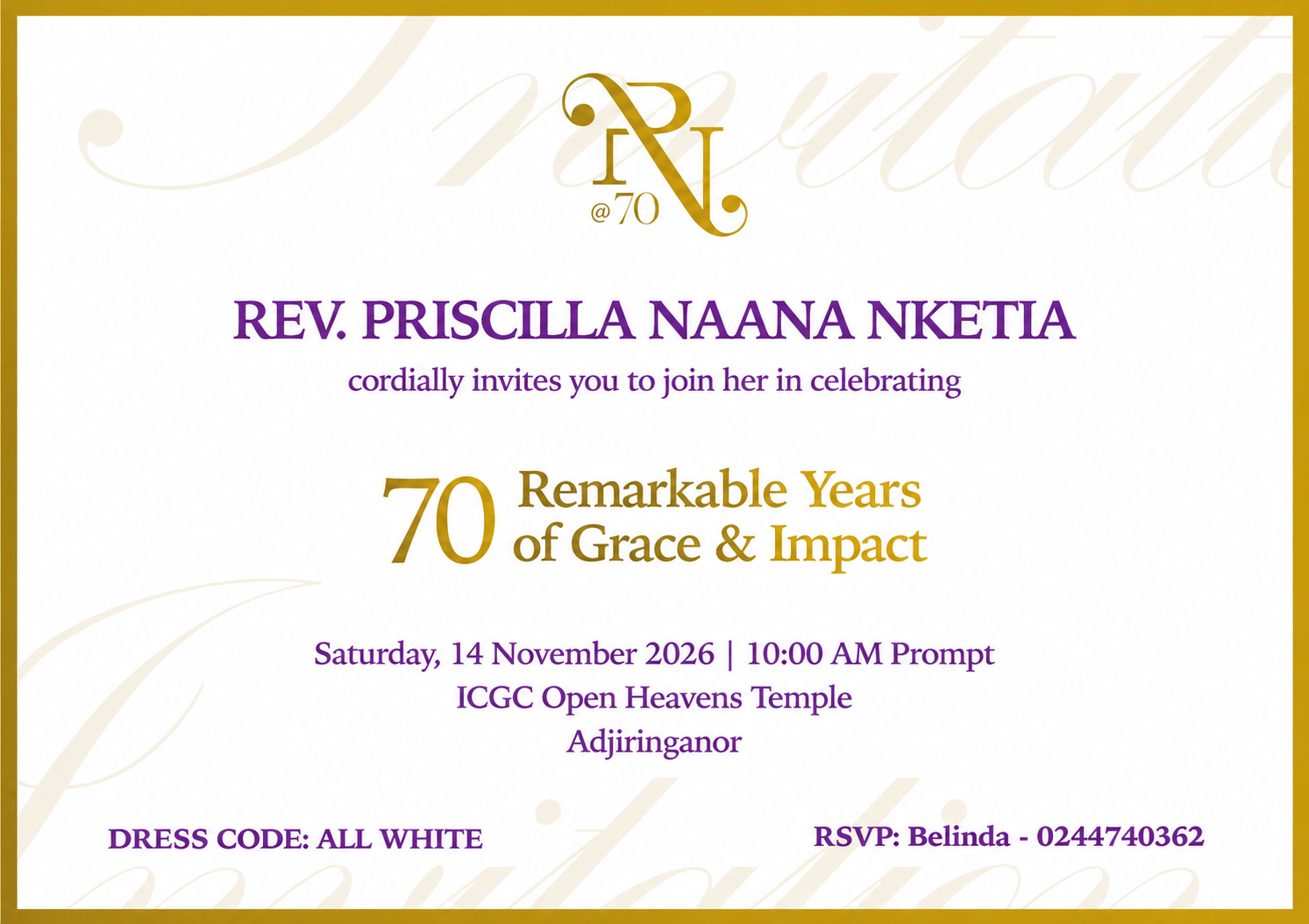 Invitation for Rev. Priscilla Naana Nketia's 70th birthday celebration